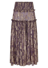 The purple metallic floral shirred maxi skirt is shown on its own with a wide shirred waistband, gathered tiers and a flowing full-length silhouette.