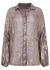 Purple button-through shirt shown on its own with a classic collar, long sleeves and metallic floral pattern throughout.