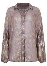 Purple button-through shirt shown on its own with a classic collar, long sleeves and metallic floral pattern throughout.