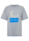 Grey marl oversized short sleeve tee shown on its own with blue contrast stitching and a faded moon, wave and Inner Peace graphic across the front.