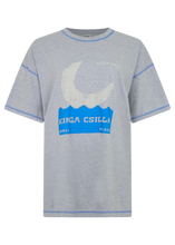 Grey marl oversized short sleeve tee shown on its own with blue contrast stitching and a faded moon, wave and Inner Peace graphic across the front.
