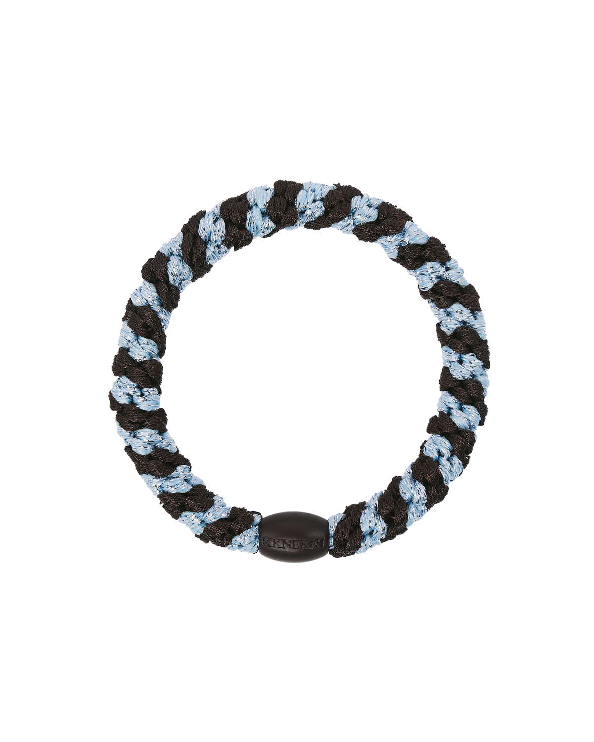 Brown, sea blue and black woven hair tie shown in a circular shape with a smooth branded bead.