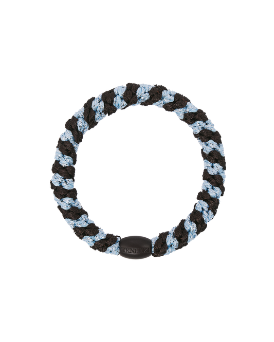 Brown, sea blue and black woven hair tie shown in a circular shape with a smooth branded bead.