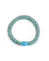 Green and silver glitter woven hair tie with a turquoise branded bead shown individually against a clean background.