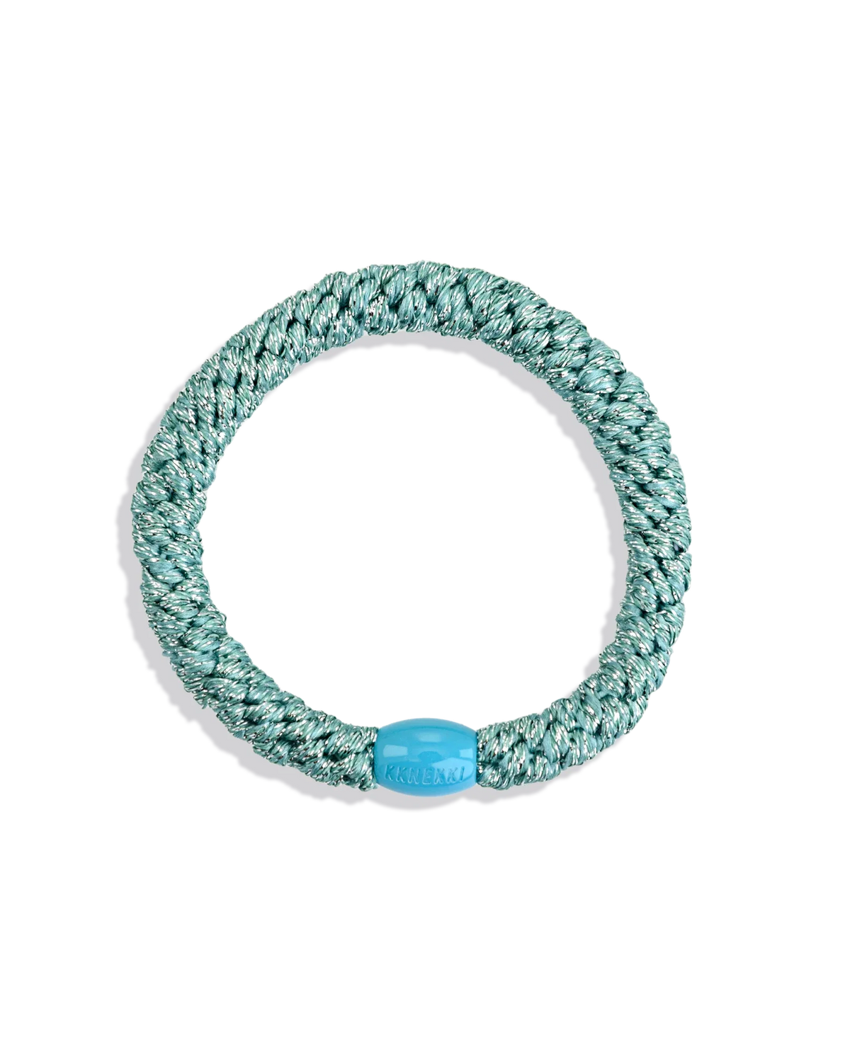 Green and silver glitter woven hair tie with a turquoise branded bead shown individually against a clean background.