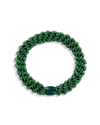Forrest Green woven hair tie shown in a circular product view with a matching dark green branded bead.