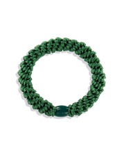 Forrest Green woven hair tie shown in a circular product view with a matching dark green branded bead.