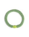Grass green woven hair tie shown in a circular product view with a contrasting lime green bead on a clean background.