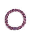 Rosewood, pink and purple glitter woven hair tie with a coordinating purple bead shown individually against a clean background.