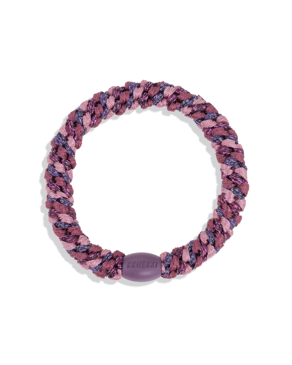 Rosewood, pink and purple glitter woven hair tie with a coordinating purple bead shown individually against a clean background.