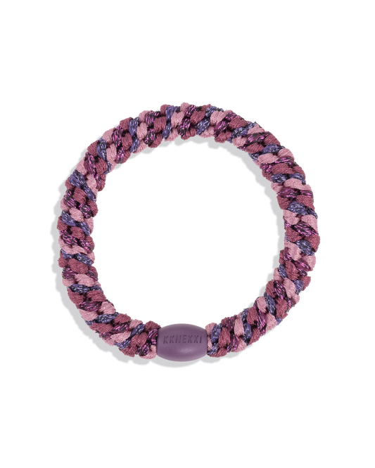 Rosewood, pink and purple glitter woven hair tie with a coordinating purple bead shown individually against a clean background.