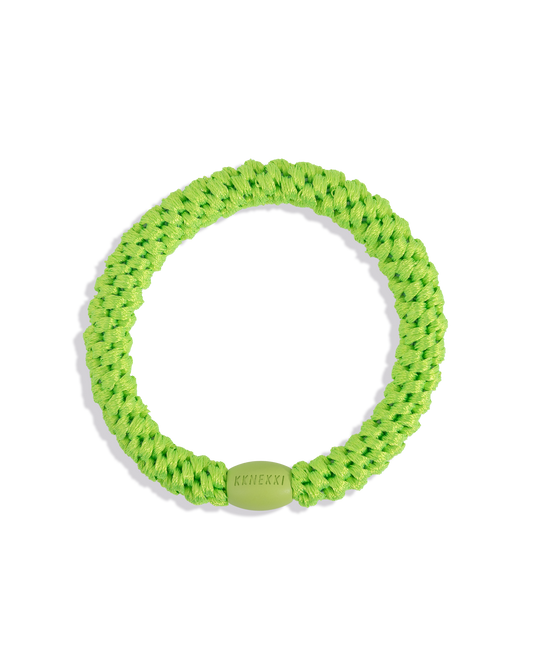 Neon green woven hair tie with matching smooth bead shown in a circular product view.