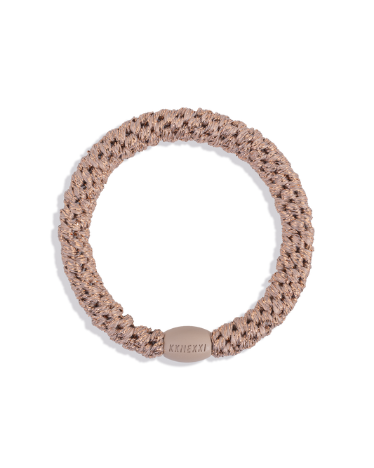 Taupe glitter woven hair tie with a smooth branded bead shown against a plain background.