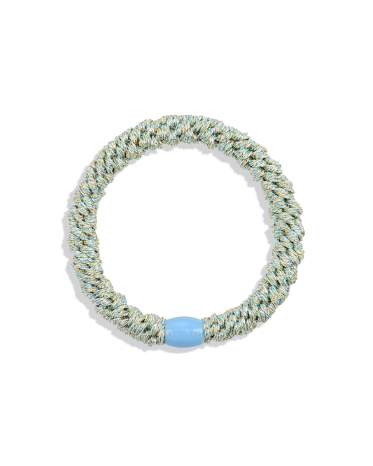 Sparkle blue woven hair tie with shimmering gold-toned threads and a light blue branded bead shown in a circular shape.