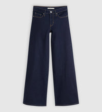 Darkest Sky wide-leg jeans laid flat, showing the waistband, button and zip fly, five-pocket styling, dark indigo denim and full-length wide-leg cut.