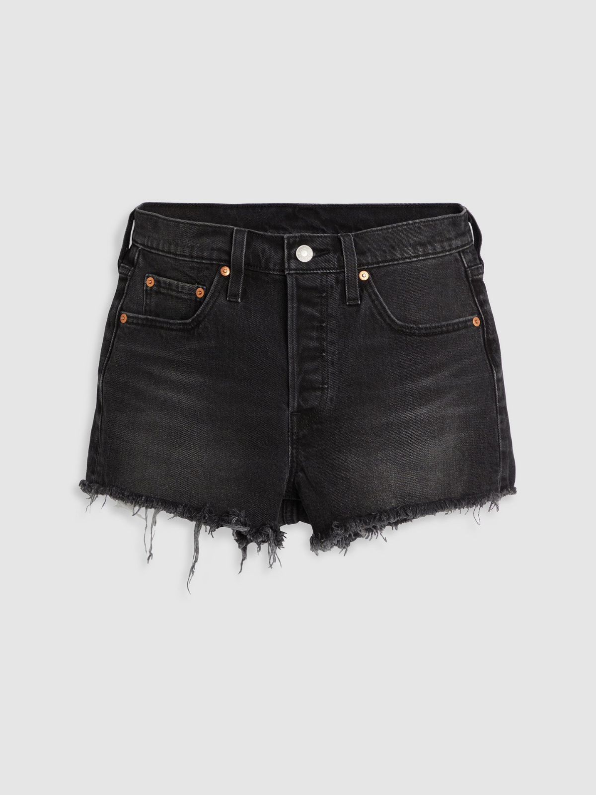 Front view of black denim shorts displayed on a plain background, showing the button closure, five-pocket design and frayed hems.