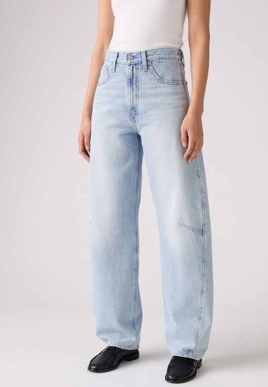 Close-up front view of the light-wash jeans showing the high-rise waistband, button closure, front pockets and curved leg seams.