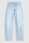 Front product view of the light-wash barrel jeans showing the high-rise waist, button closure, five-pocket design and curved legs.