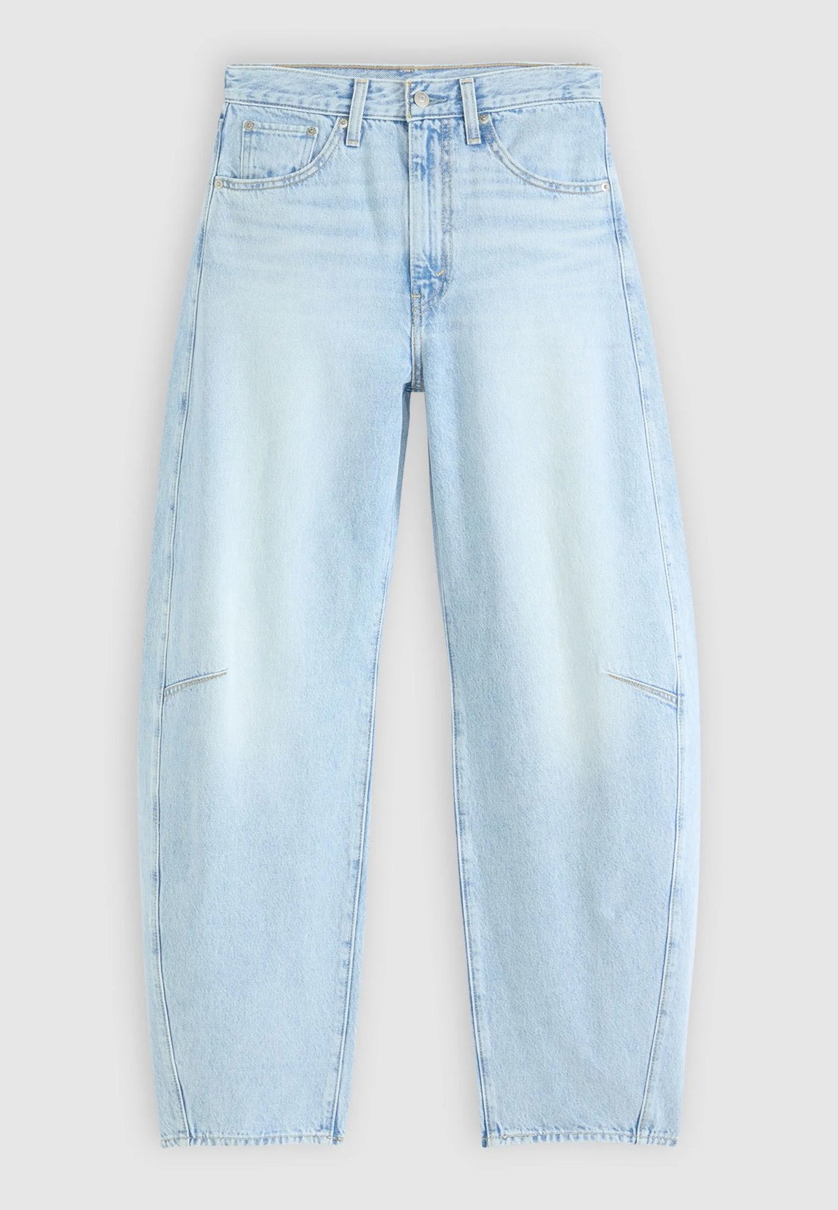 Front product view of the light-wash barrel jeans showing the high-rise waist, button closure, five-pocket design and curved legs.