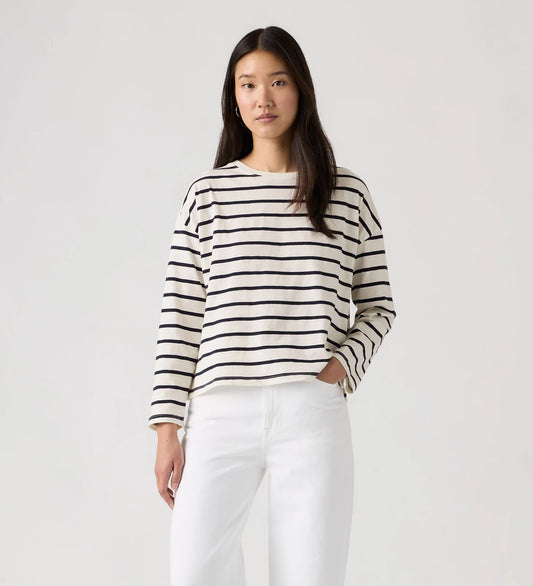 Levi's Julie Slub Long Sleeve Tee — an effortless wardrobe essential, the Julie Slub Long Sleeve Tee features timeless navy stripes on a soft egret base for an easy everyday look.
