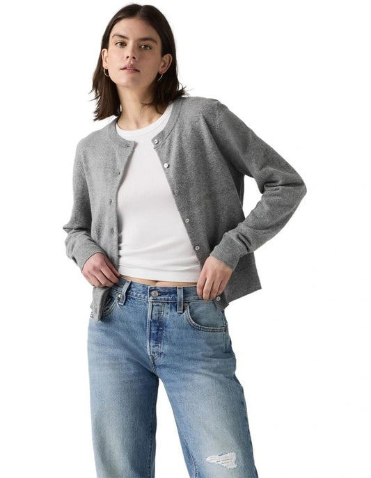 Levi's Supersoft Crewneck Cardigan in Dark Heather Grey — the Supersoft Crewneck Cardigan is the perfect layering piece, combining a classic silhouette with an incredibly soft knit for everyday comfort.