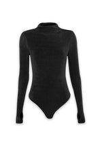 A black long-sleeve mock neck bodysuit displayed on a white background.