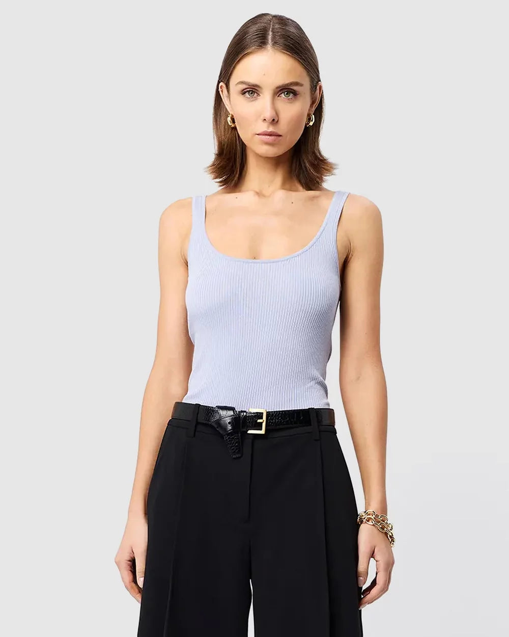 Mossman Fine Line Knit in Sky Blue — the Fine Line Knit Tank in Sky Blue by Mossman blends elegance and ease in a timeless silhouette.