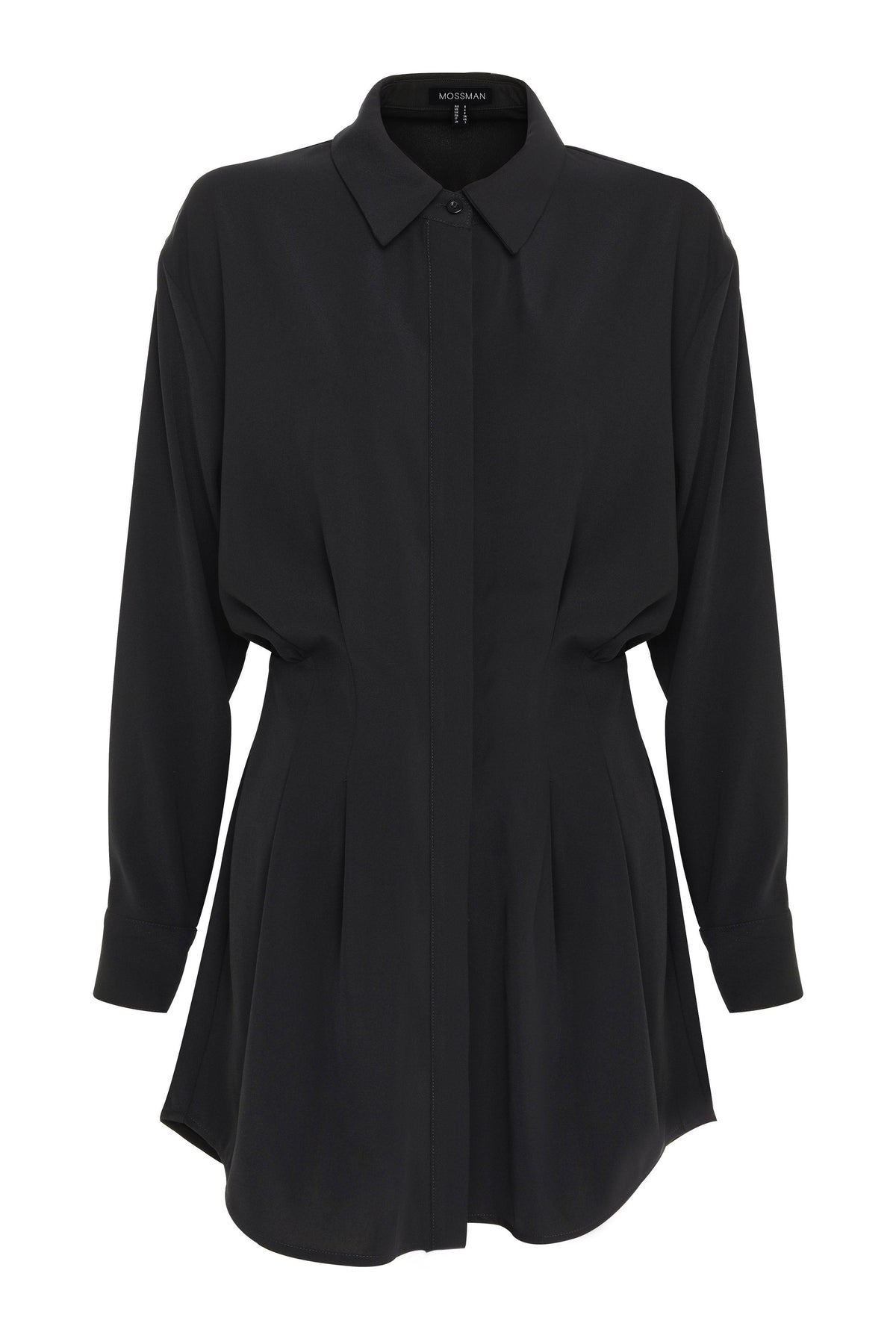 Mossman Good Intentions Mini Dress in Black — the Mossman Good Intentions Mini Dress is polished without feeling overdone, with a soft blouson shape and subtle waist definition in classic black.