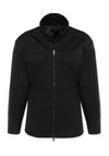 The black anorak is displayed from the front, showing its long sleeves, two-way zip and flap chest pockets.