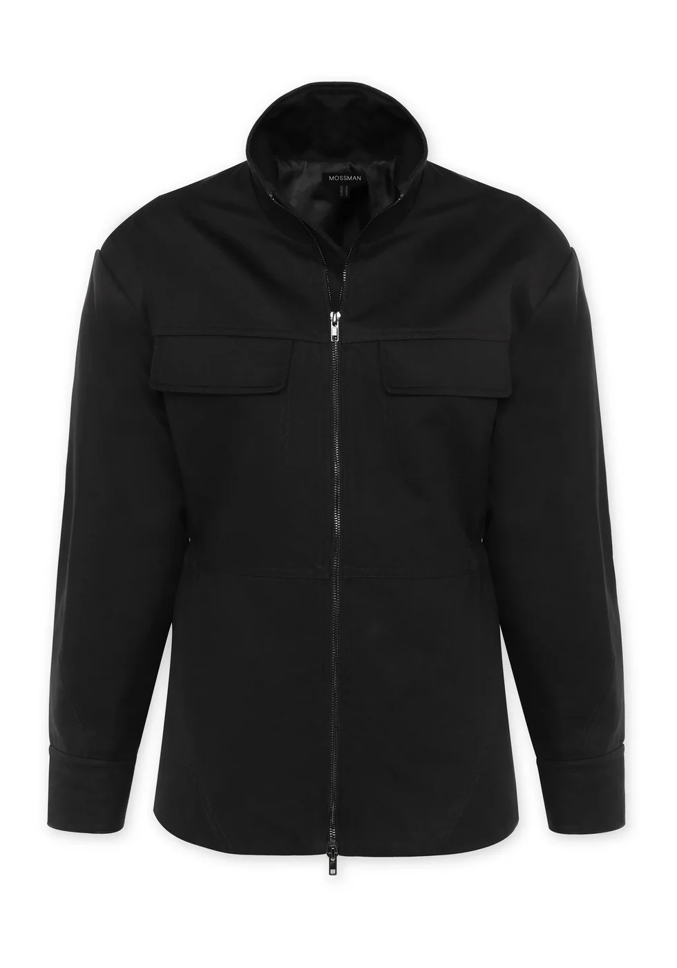 The black anorak is displayed from the front, showing its long sleeves, two-way zip and flap chest pockets.
