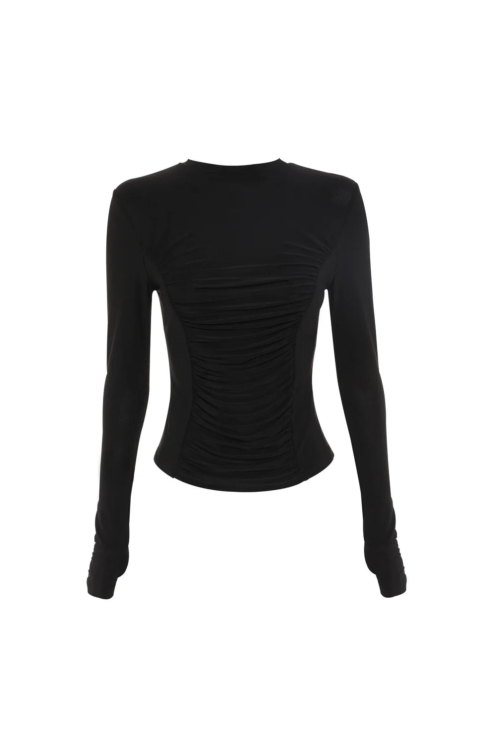 The black long-sleeve top is displayed from the front, showing its fitted shape and ruched centre panel.