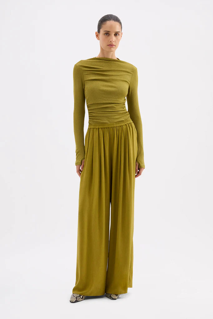 Nude Lucy Anthea Pant in Avocado — the Nude Lucy Anthea Pant in avocado is made from a Lyocell blend fabrication with a crinkle texture and soft hand feel.