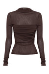 Chocolate long sleeve top shown alone with draped bust detailing, raised neckline and fitted waist.