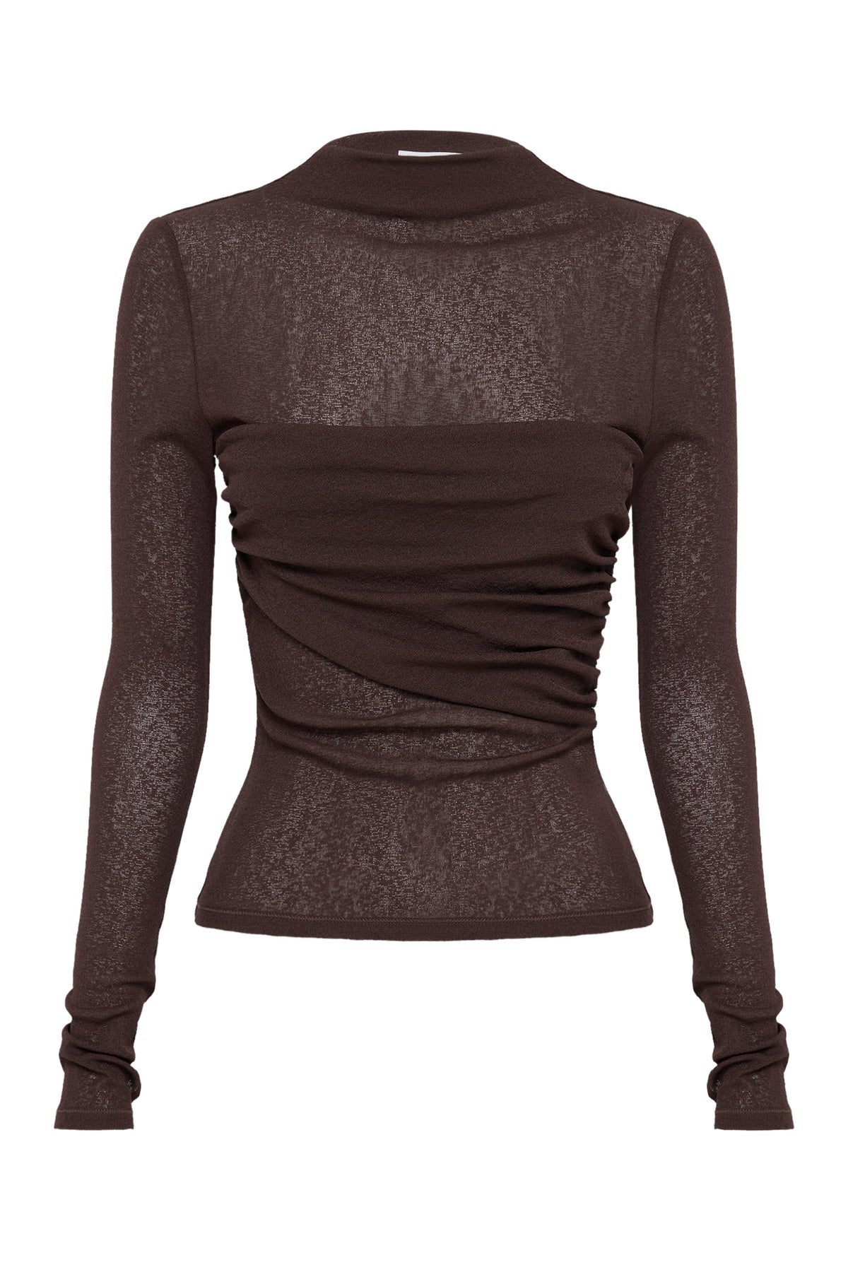 Chocolate long sleeve top shown alone with draped bust detailing, raised neckline and fitted waist.