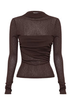 Chocolate long sleeve top shown alone with draped bust detailing, raised neckline and fitted waist.