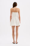 White mini dress shown from the back, featuring a strapless neckline, fitted bodice, centre-back zip and flared skirt.