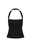 Black halter top displayed alone against a white background, showing its fitted shape, straight neckline and halter straps.