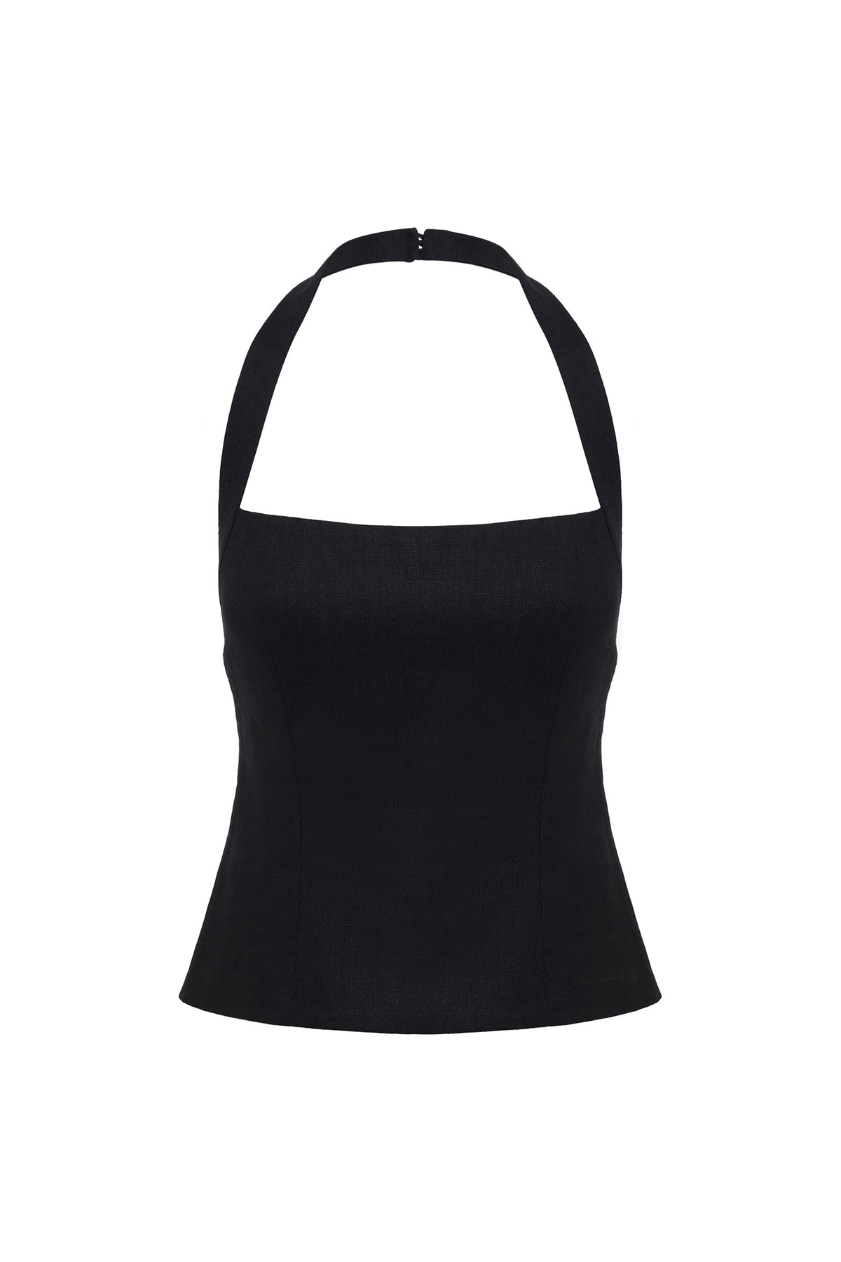 Black halter top displayed alone against a white background, showing its fitted shape, straight neckline and halter straps.
