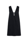 Black mini dress displayed alone against a white background, showing the deep V neckline, gathered shoulders, front tie and full skirt.