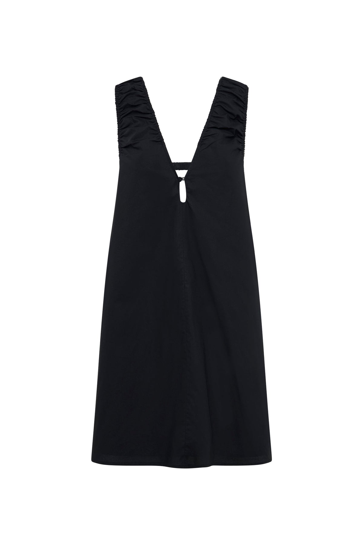 Black mini dress displayed alone against a white background, showing the deep V neckline, gathered shoulders, front tie and full skirt.