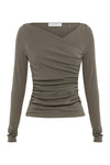 Truffle long sleeve top displayed alone showing the draped front, fitted waist and long sleeves.