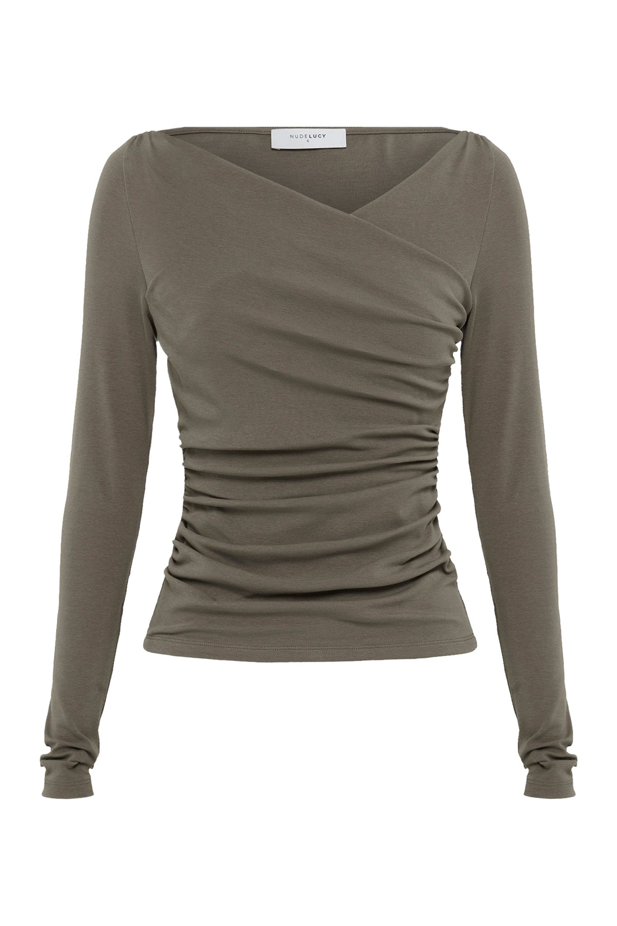 Truffle long sleeve top displayed alone showing the draped front, fitted waist and long sleeves.