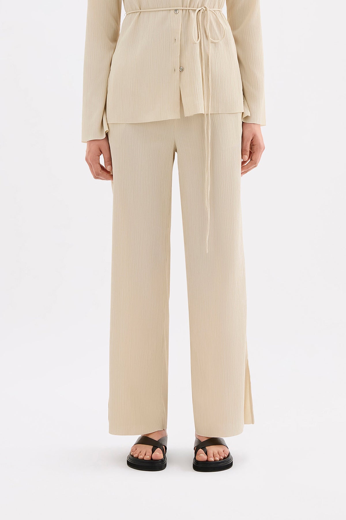 Front view showing the full-length relaxed leg and clean straight silhouette.
