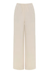 Product-only front view of the cream full-length pants with a relaxed wide-leg silhouette.