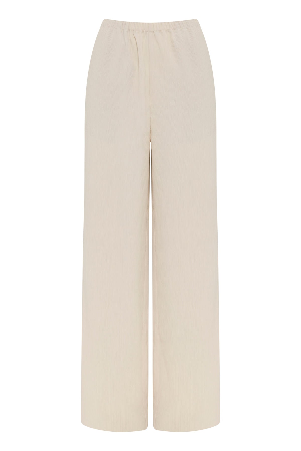 Product-only front view of the cream full-length pants with a relaxed wide-leg silhouette.