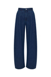 Indigo blue wide-leg denim pants displayed against a white background, showing the full front silhouette, waistband and wide legs.