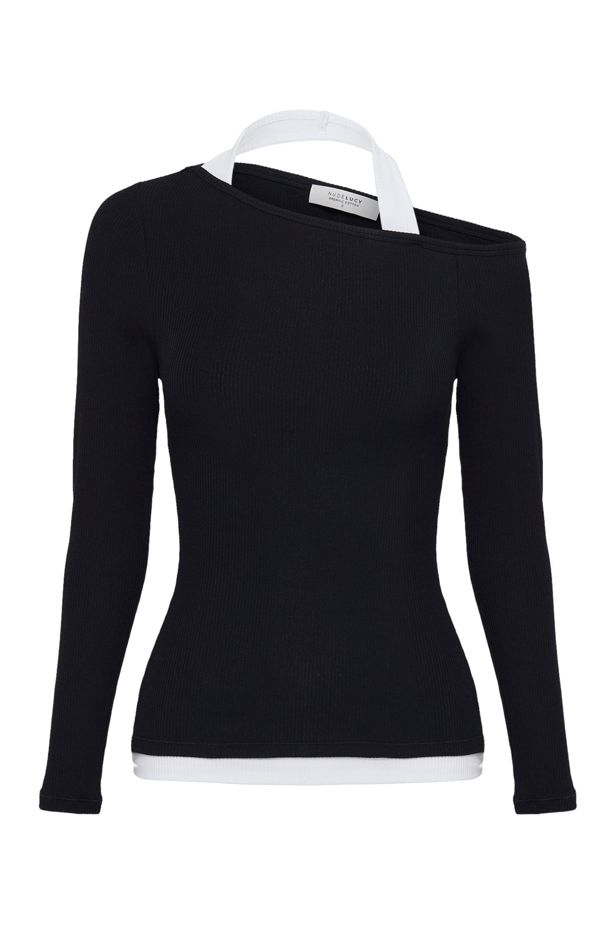 Product-only front view showing the black fitted long sleeve top with asymmetrical neckline and white contrast halter layer.