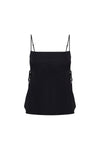 Black cami top displayed against a white background, showing the thin straps, straight neckline and wide side panels.