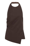 Product-only front view of the chocolate halter top showing the high neckline and asymmetrical hem.