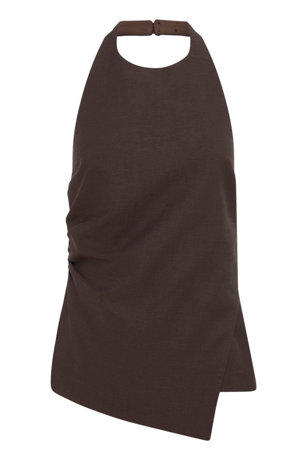 Product-only front view of the chocolate halter top showing the high neckline and asymmetrical hem.